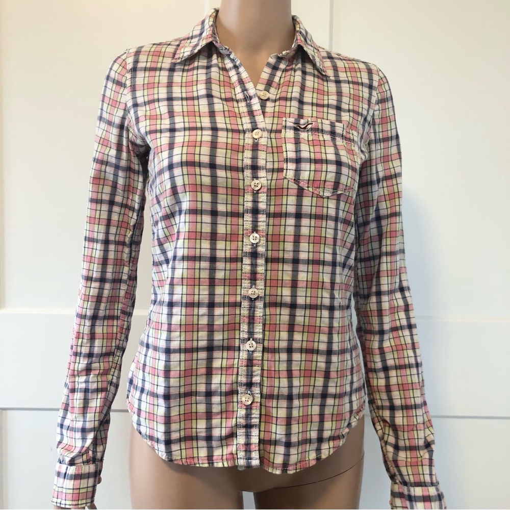 Hollister Soft Cotton Pink Blue Plaid Button Shirt XS